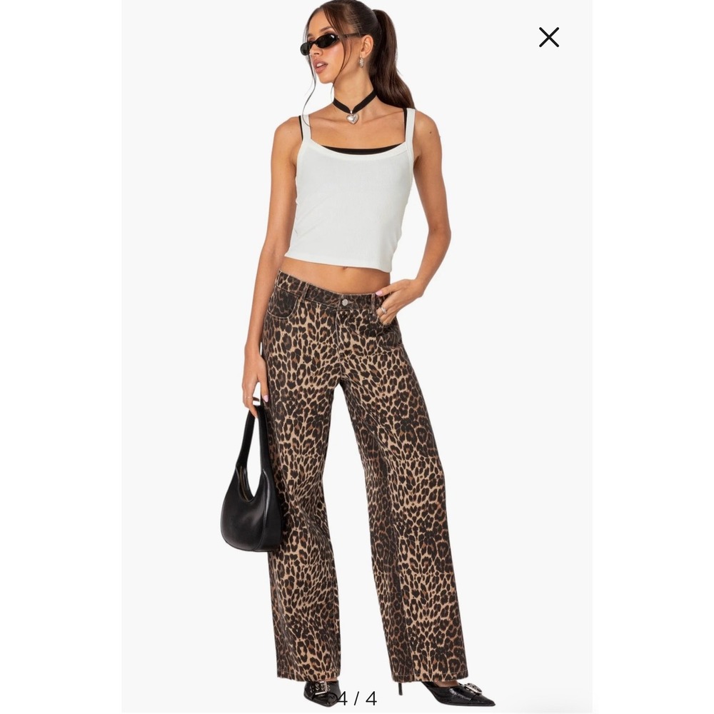Edikted Leopard‎ Print Wide Straight Leg Denim Jeans Animal Print  XS NWT